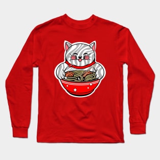 Ramen Noodle Bowl Kawaii Cat Eating Ramen Noodles Long Sleeve T-Shirt